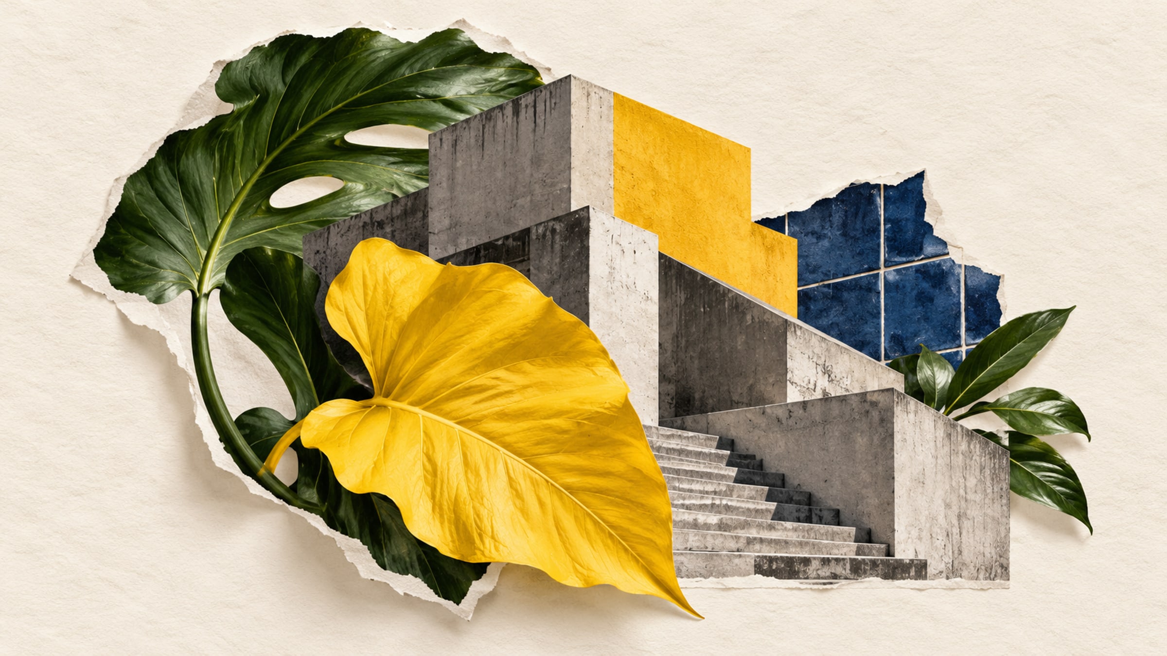 Organic botanical leaves surrounding a stepped monochrome building with a yellow leaf and painted yellow facet.