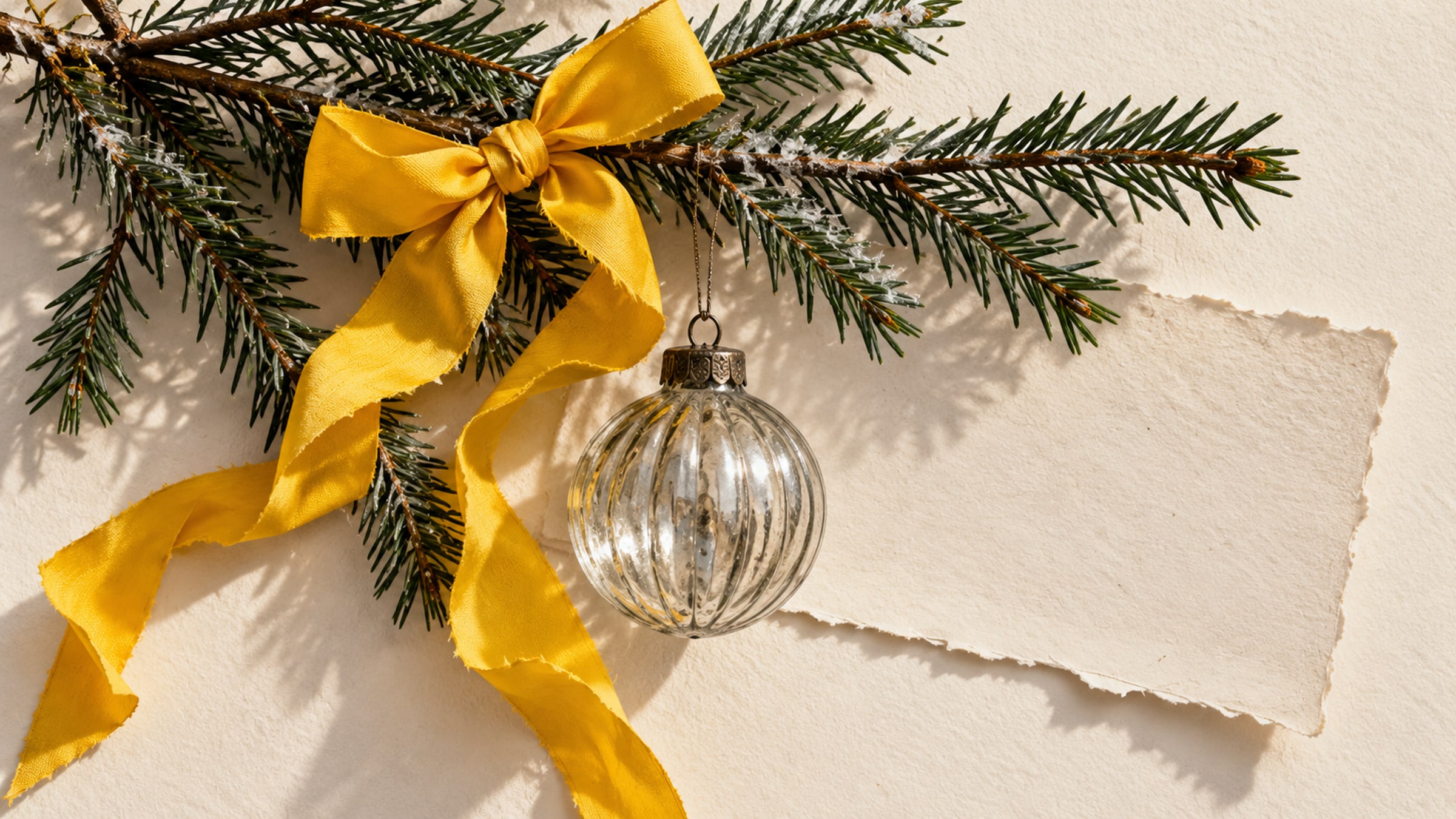 Fir branch, translucent glass ornament and blank greeting-card fragment tied with a vivid yellow folded bow.