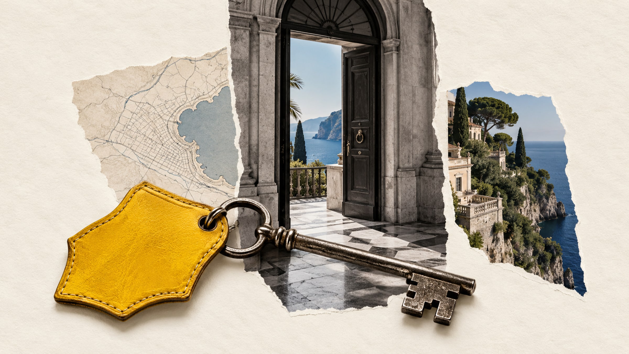 Monochrome hotel doorway, coastal landscape and antique room key with a bright yellow leather fob.