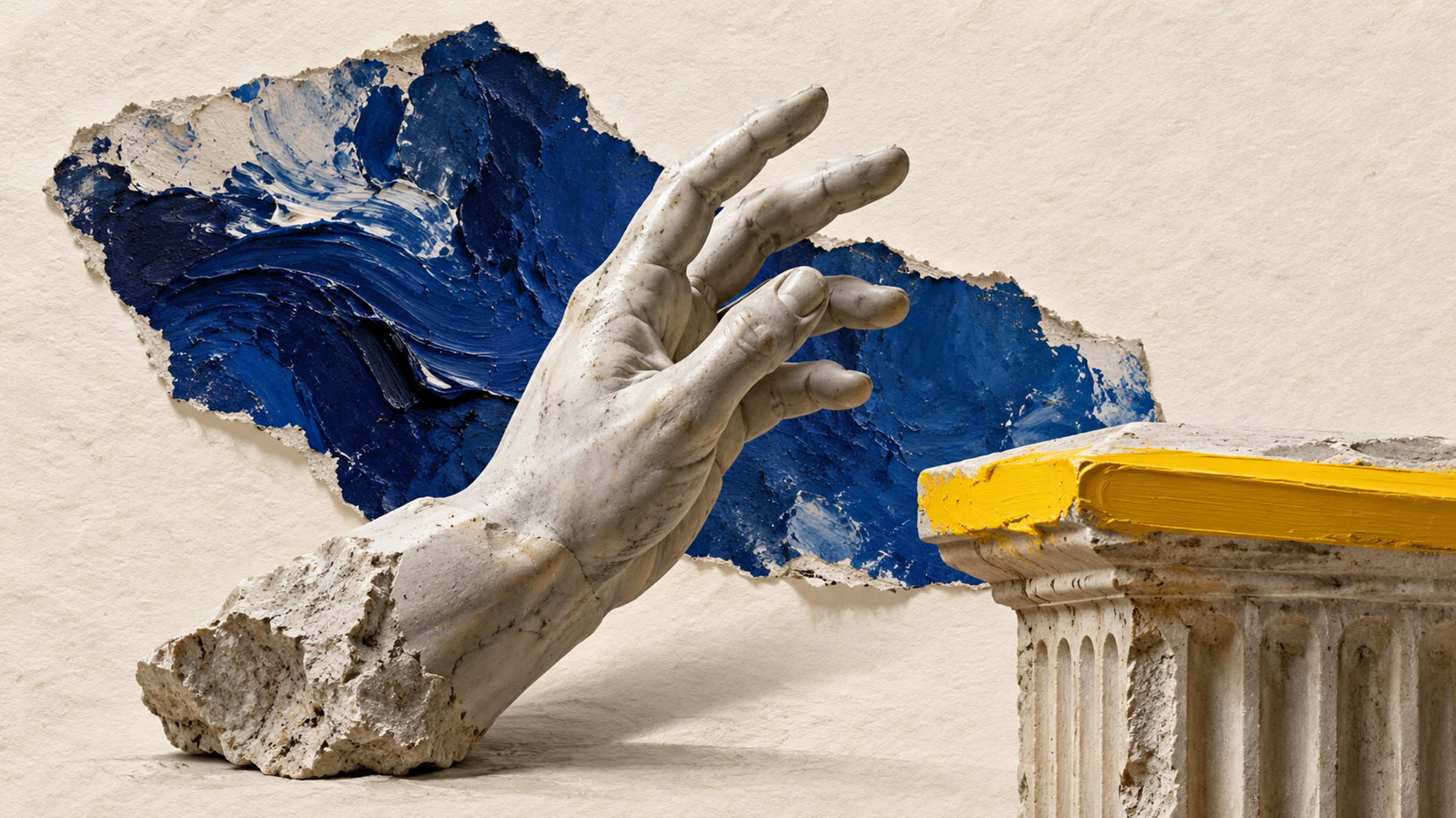 Marble sculptural hand, blue impasto painting fragment and stone plinth with a yellow beveled edge.