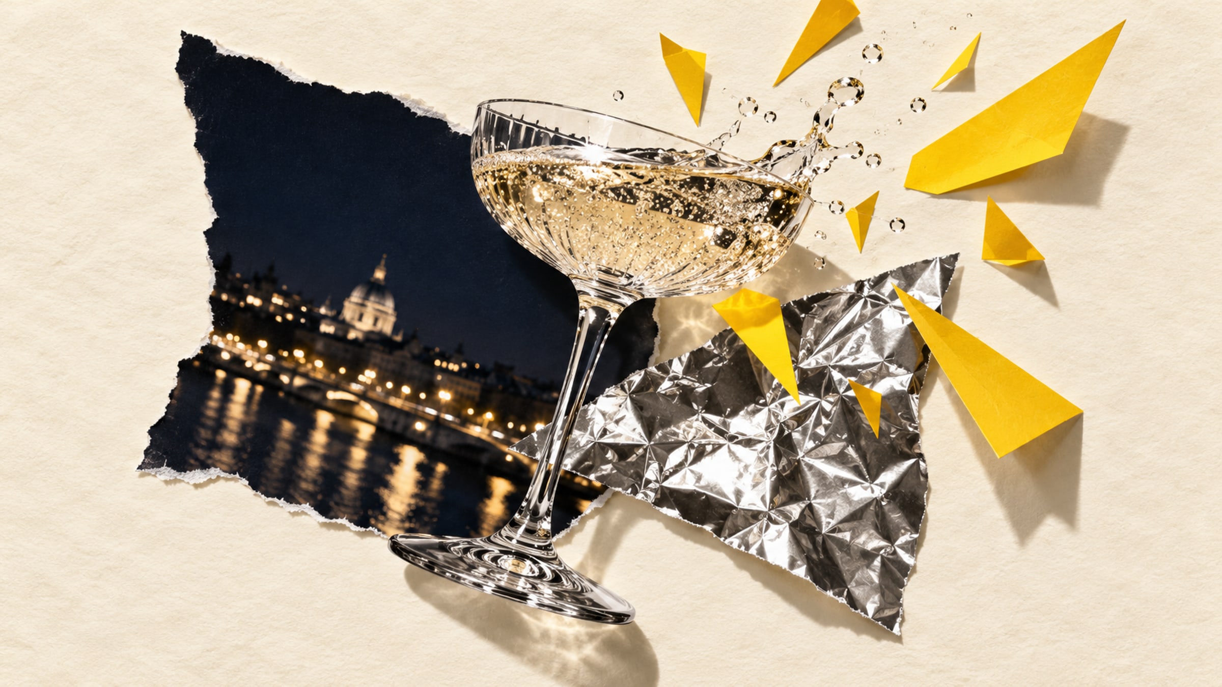 Champagne coupe and silver foil photographic collage with navy paper and angular yellow confetti.