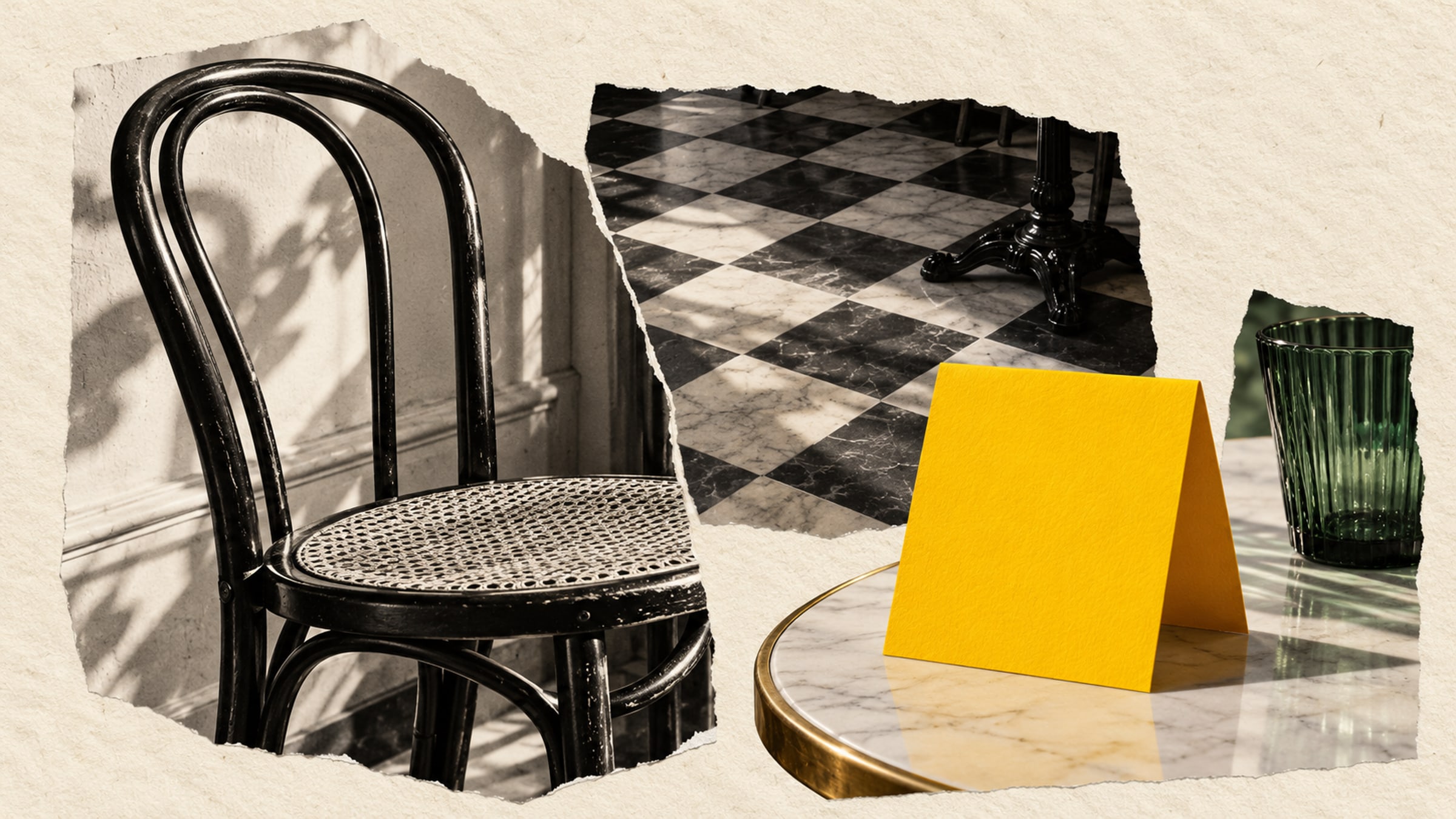 Photographic paper collage of a bistro chair, checkerboard floor and yellow folded table card.