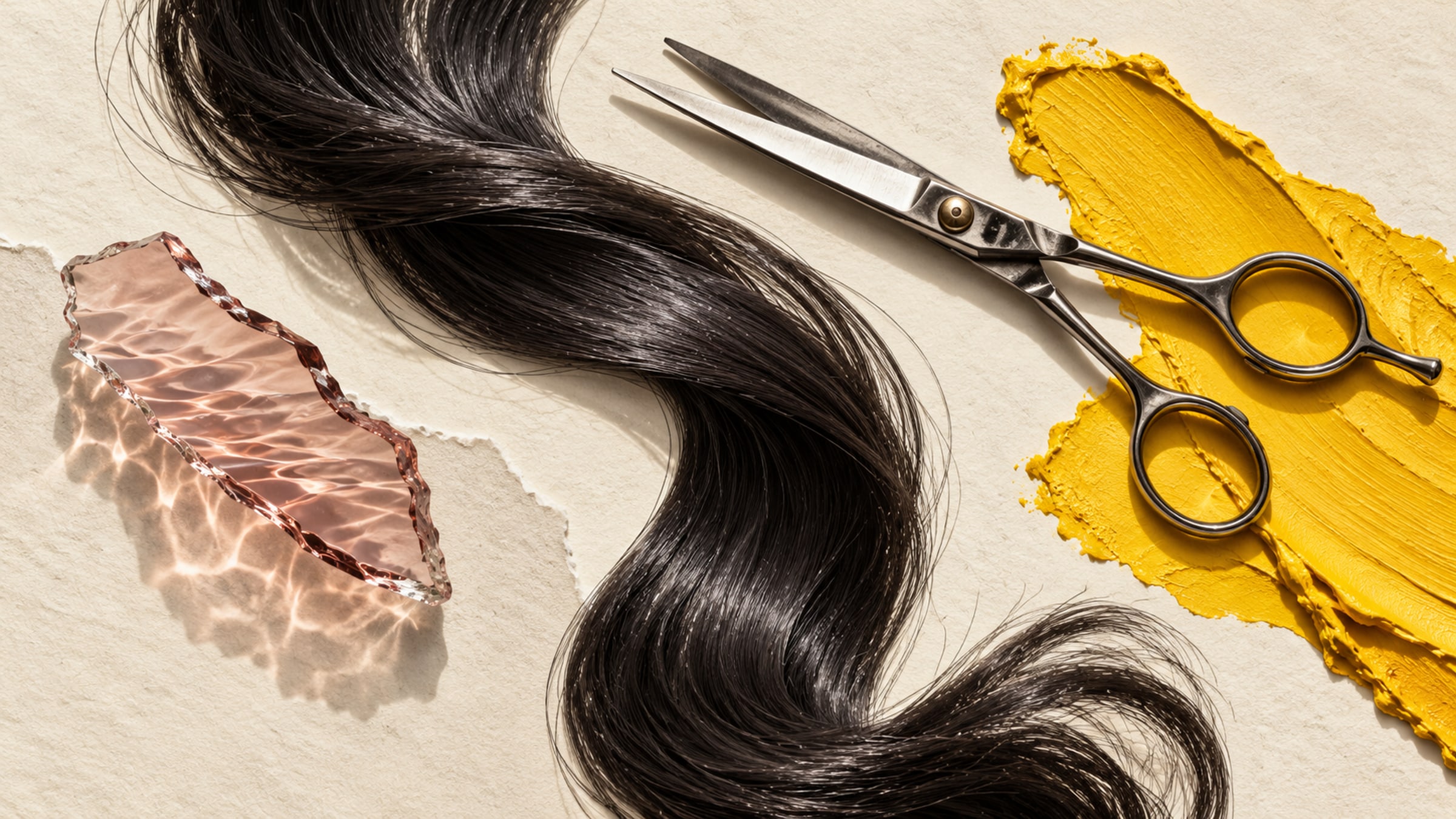 Cut-paper collage of dark hair, polished scissors, rippled glass and a vivid yellow pigment smear.