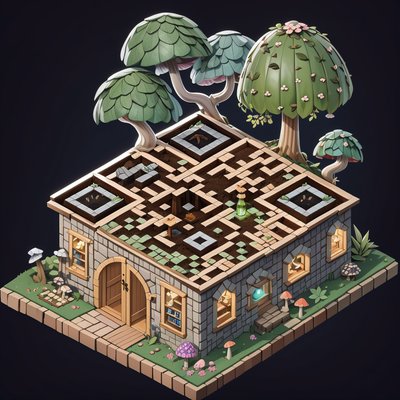 Isometric Mushroom Cottage Diorama QR Code Art