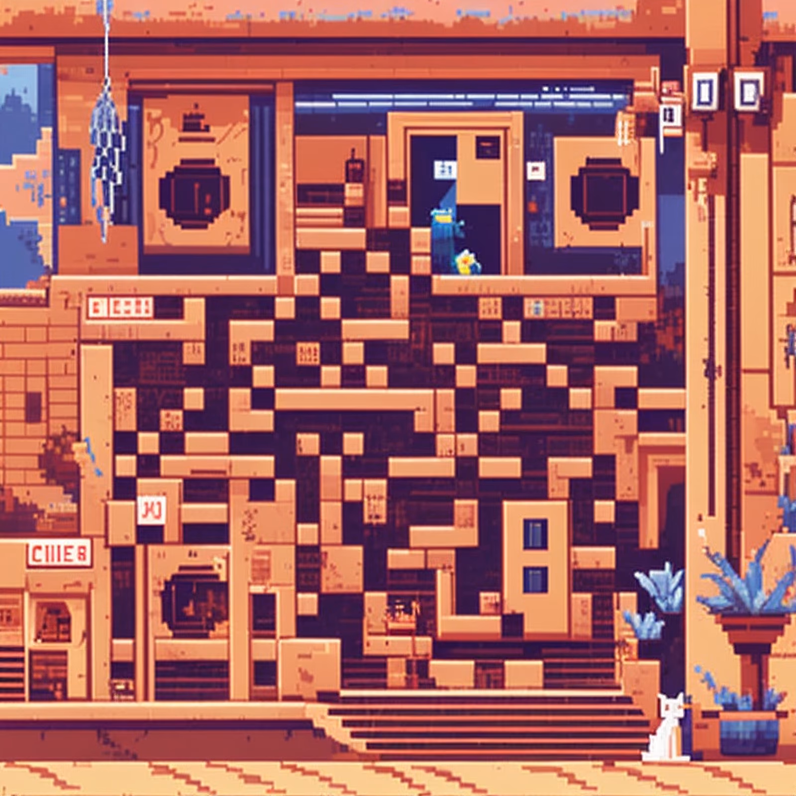 Pixel Art Storefront with Cat QR Code for Posters — image 1