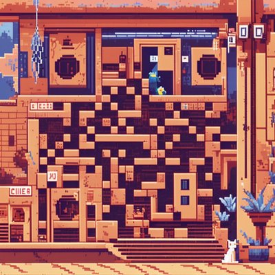 Pixel Art Storefront with Cat QR Code for Posters