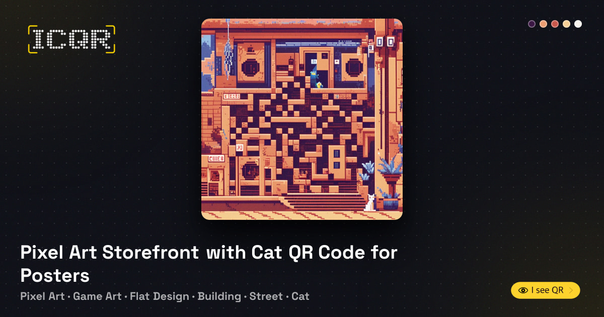 Pixel Art Storefront with Cat QR Code for Posters • ICQR