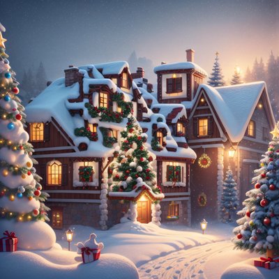 Snowy Christmas House 3D Render Christmas Tree QR Code for Greeting Cards