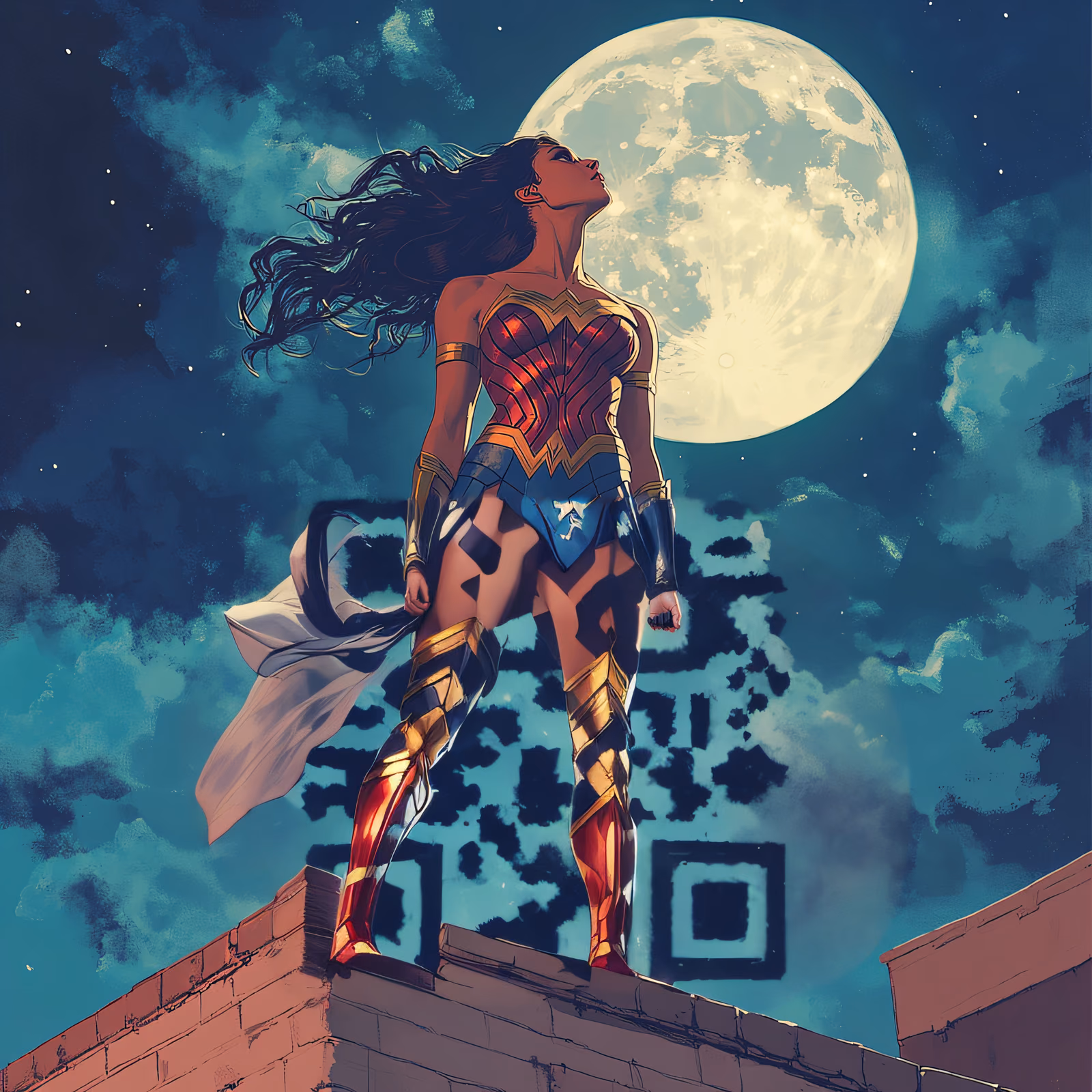 Супергероиня на залитой луной крыше: комикс QR-код для постеров — изображение 1