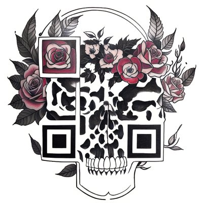 骷髅与玫瑰纹身二维码艺术,适用于临时纹身