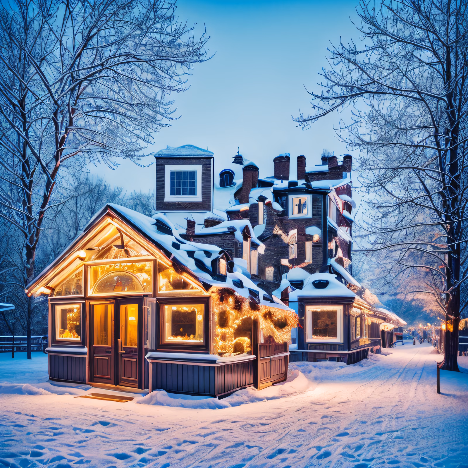 Snowy Christmas Market Dusk QR Code for Greeting Cards — image 1