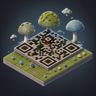 Изометрическая грибная деревня: 3D QR-код