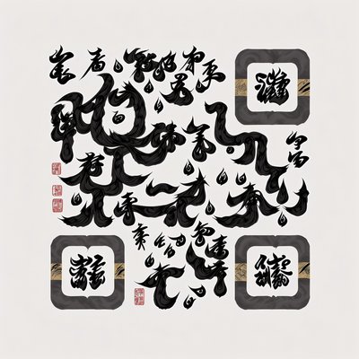 Black Ink Calligraphy Brush Script QR Code Art