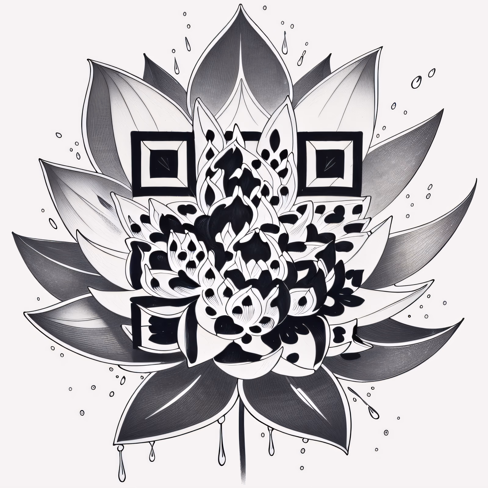 莲花墨线纹身花卉二维码设计，适用于临时纹身 — 图片 1