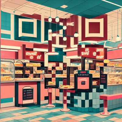 Retro Food Court Illustration QR Code for Restaurant Menus
