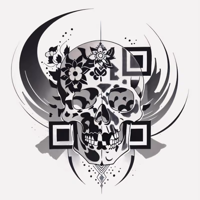 花卉骷髅纹身墨迹二维码艺术,适用于临时纹身 — 图片 1