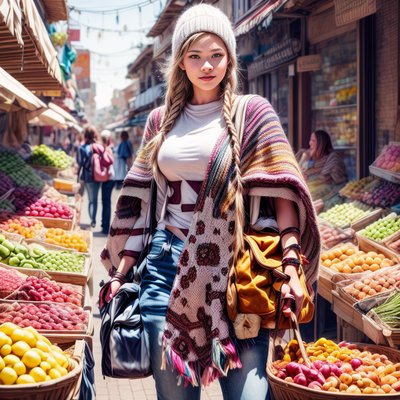 Девушка с косами на фруктовом рынке, QR-код для плакатов
