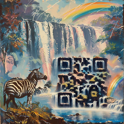 Зебра у радужного водопада: QR-код в живописном стиле — изображение 1