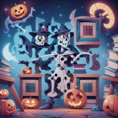 Skeleton Reaper Halloween Library Cartoon QR Code for Posters