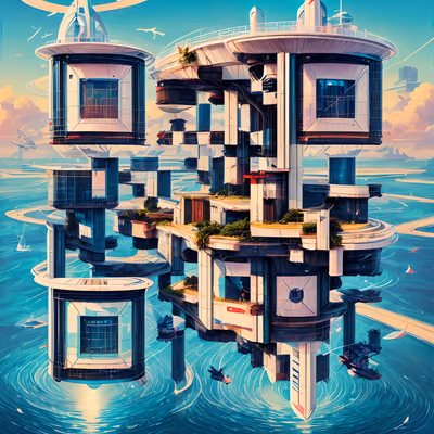 Floating Ocean City Retrofuturism QR Code Art — image 1