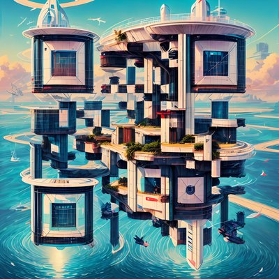 Floating Ocean City Retrofuturism QR Code Art