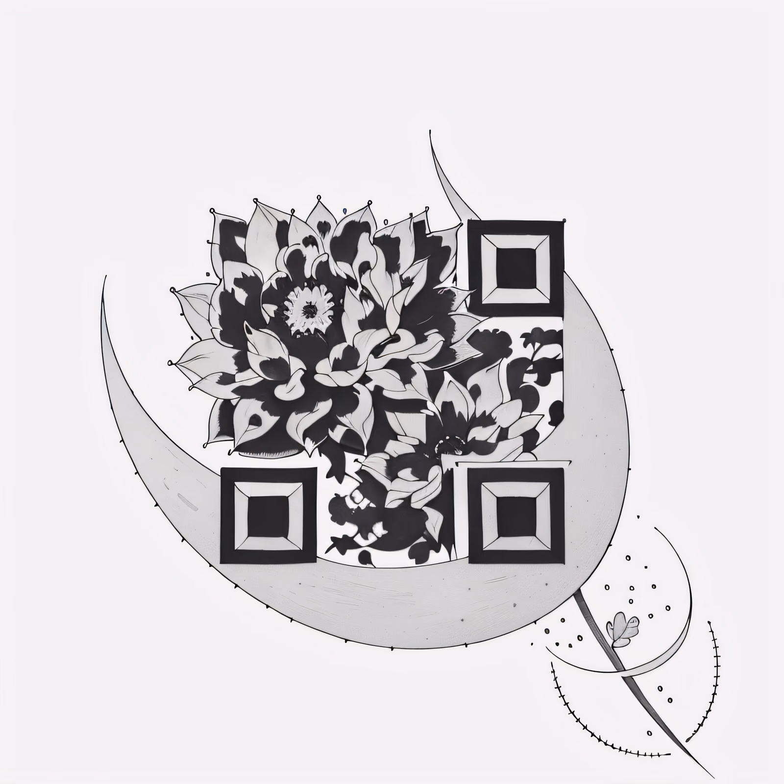 月亮与花朵墨迹纹身二维码艺术,适用于临时纹身 — 图片 1