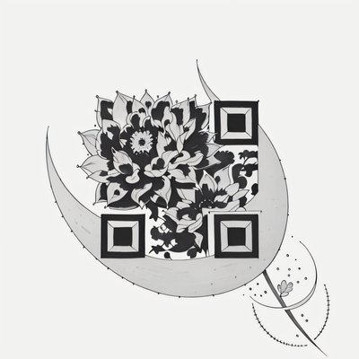 月亮与花朵墨迹纹身二维码艺术,适用于临时纹身