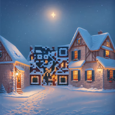 Заснеженная рождественская деревня ночью: QR-код для открыток — изображение 1