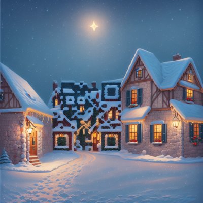 Snowy Christmas Village Night Painting QR Code for Greeting Cards