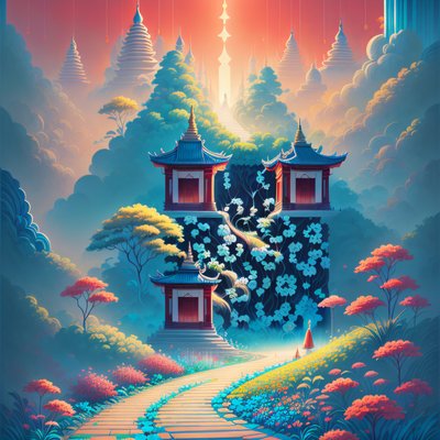 Misty Pagoda Garden Path Painterly QR Code Art