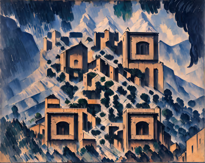 Hillside Village Mountain Oil Painting QR Code Art — image 1