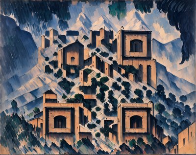 Hillside Village Mountain Oil Painting QR Code Art