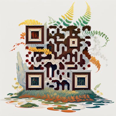 蕨类覆盖的房屋二维码艺术,绘画风格