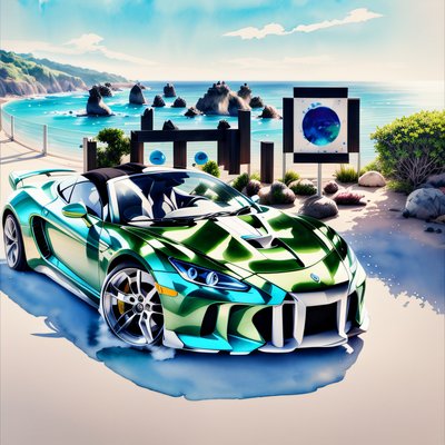 Green Sports Car Seaside Watercolor QR Code for Posters