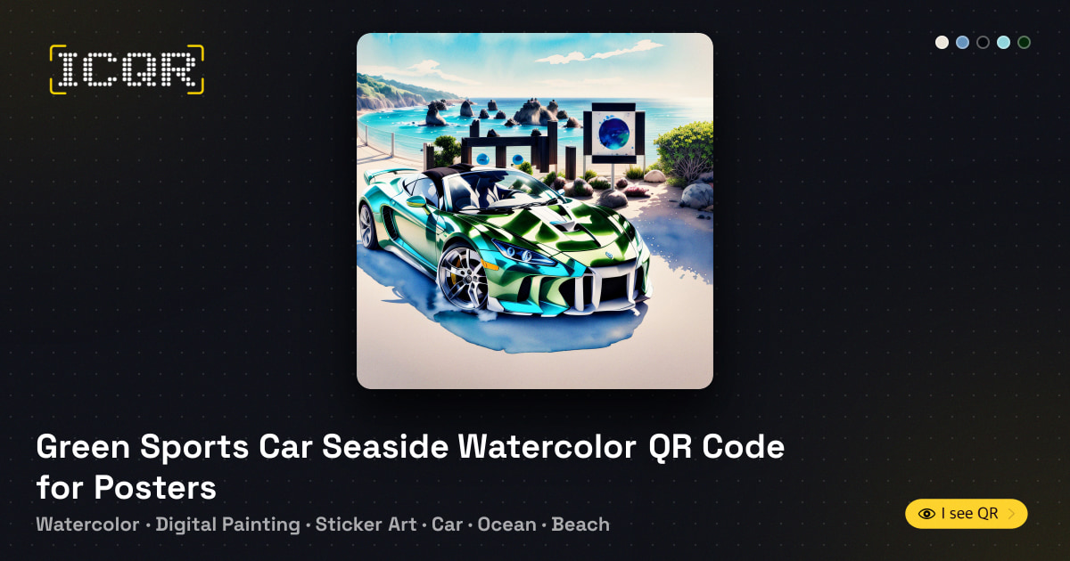 Green Sports Car Seaside Watercolor QR Code for Posters • ICQR