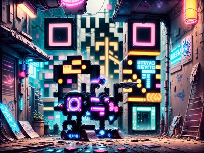 Neon Alley Robot Cyberpunk QR Code for Posters