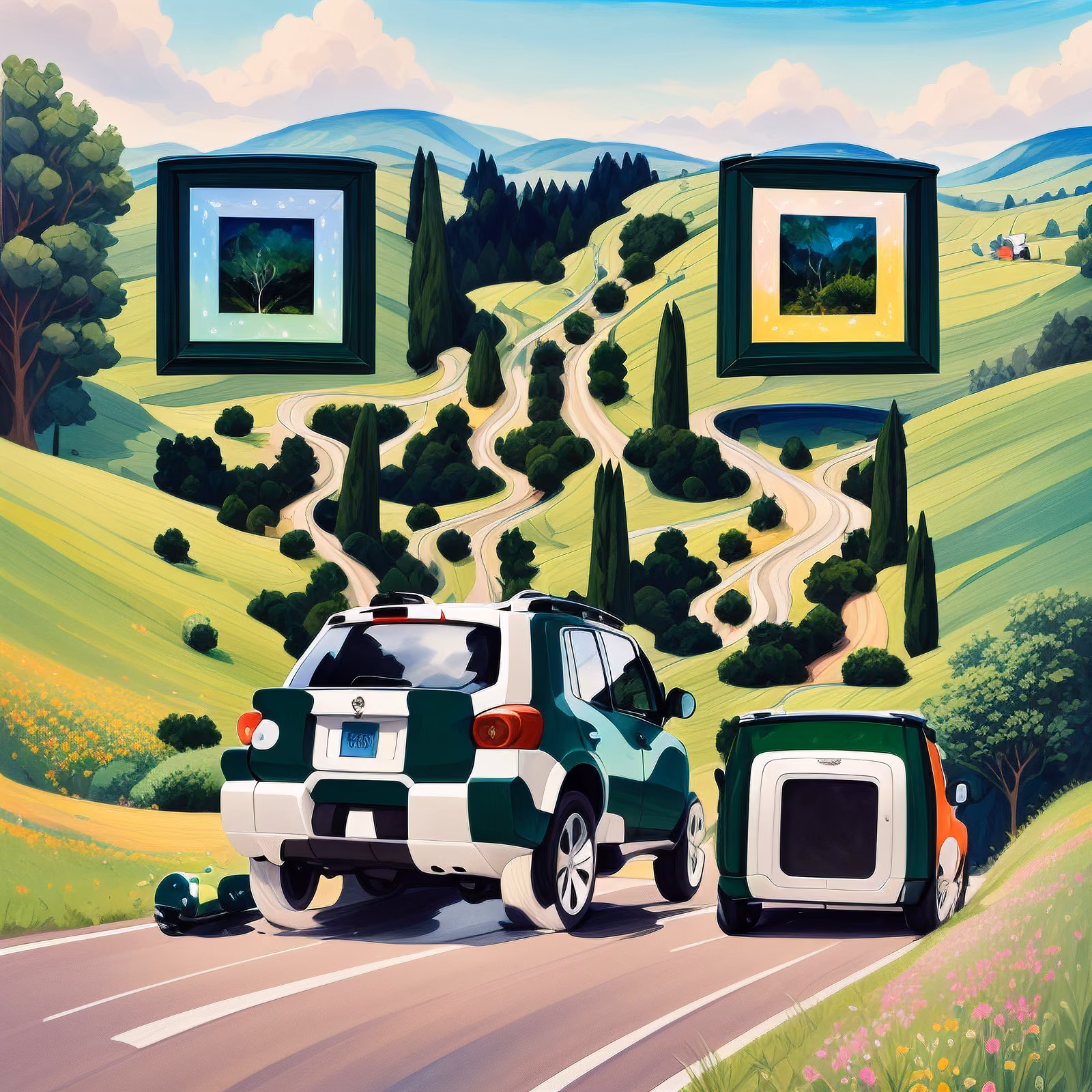 Зелёный внедорожник на холмистой дороге: QR-код в технике гуаши для постеров — изображение 1