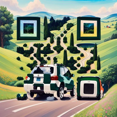 绿色越野车山路水粉风格二维码艺术,适用于海报