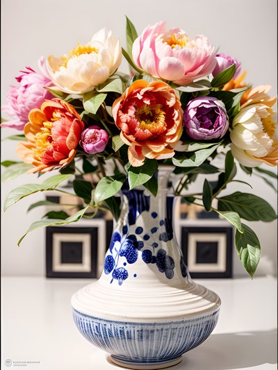 Peony Bouquet Porcelain Vase Photo Flowers QR Code Art