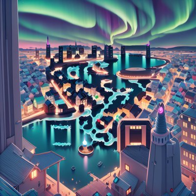 Iceland Aurora Cityscape Game Art QR Code for Posters