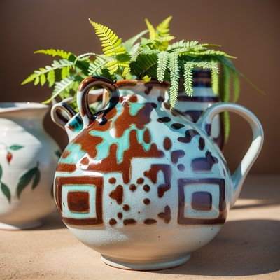 Glazed Pottery Jug with Ferns QR Code Art