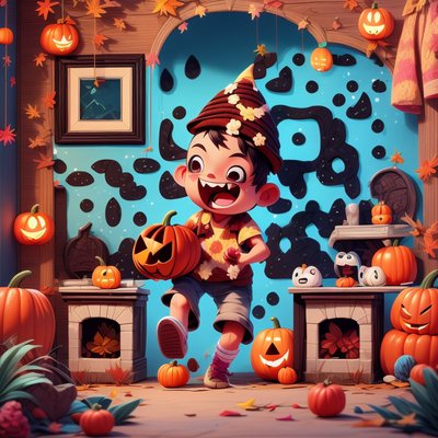 Cartoon Kid with Pumpkins Halloween QR Code for Posters