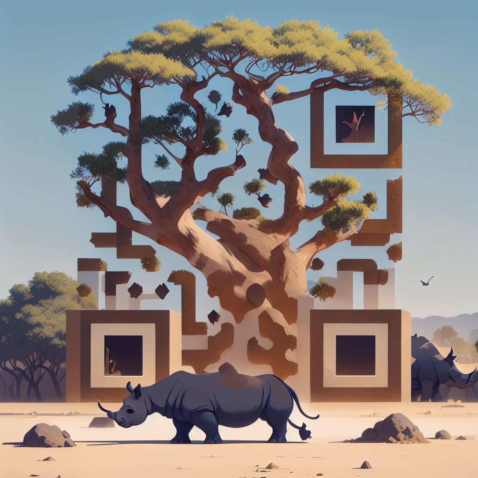 Rhinoceros Under Acacia Tree Vector QR Code for Posters — image 1