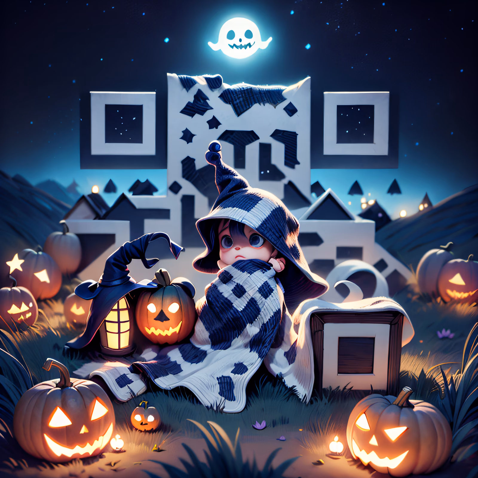 Halloween Child with Pumpkins 3D QR Code for Posters — image 1