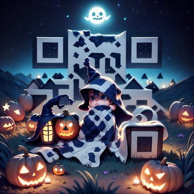 Ребёнок в стиле тян с тыквами на Хэллоуин: 3D QR-код для постеров