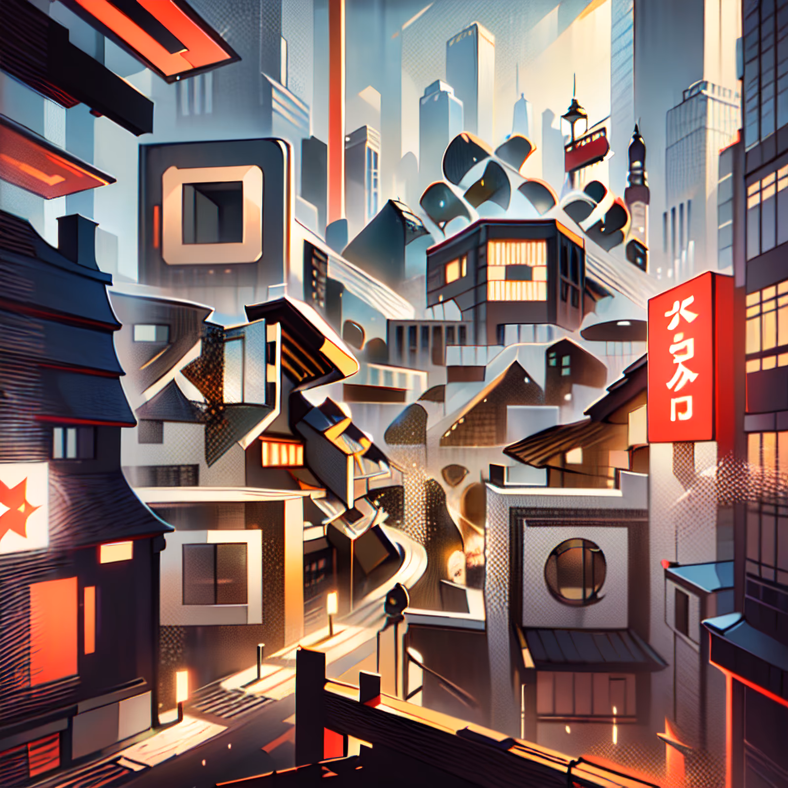 Многослойный японский городской пейзаж: иллюстрация с QR-кодом — изображение 1