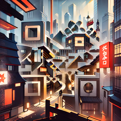 Многослойный японский городской пейзаж: иллюстрация с QR-кодом — изображение 1