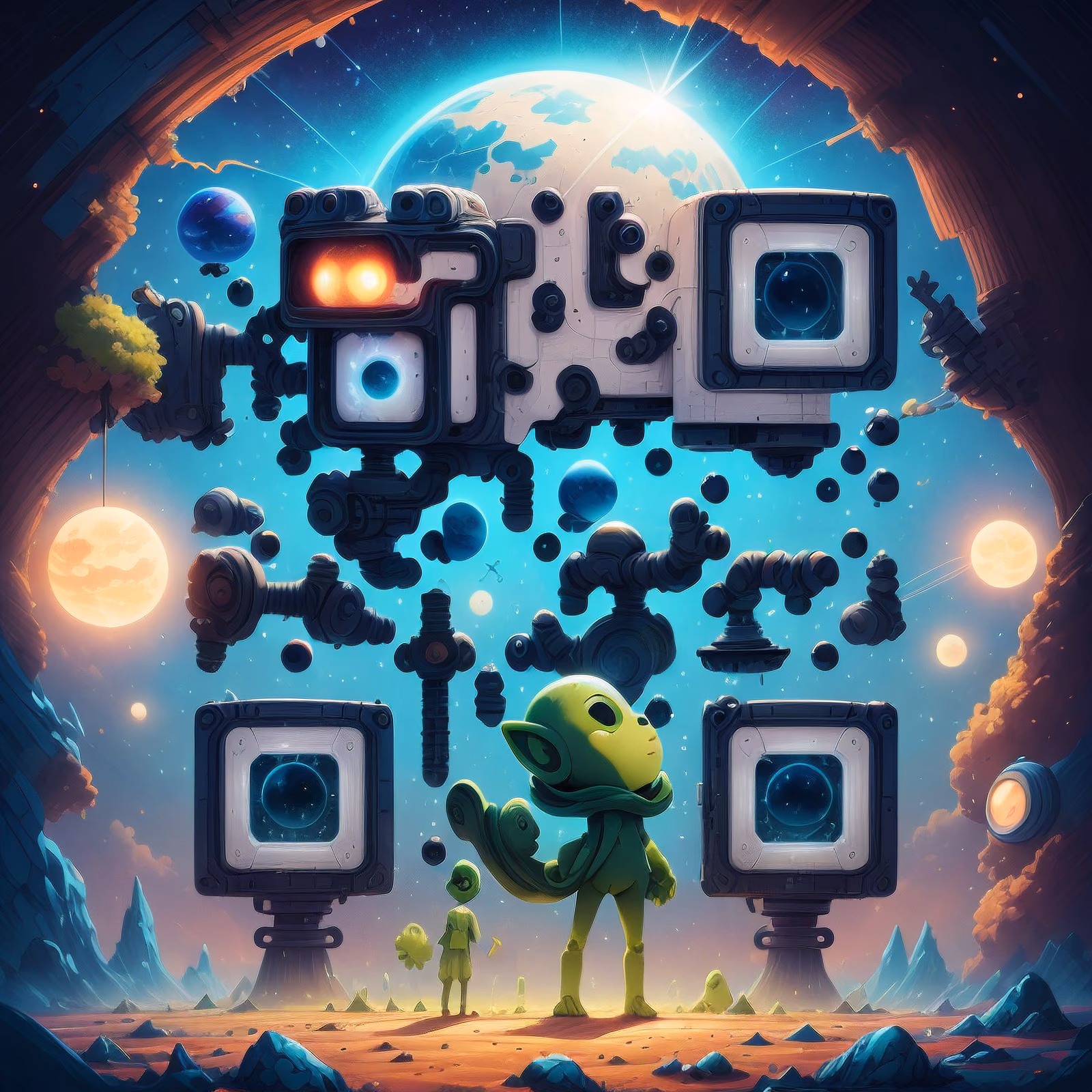 Зелёный инопланетянин и спутник: QR-код для плакатов — изображение 1