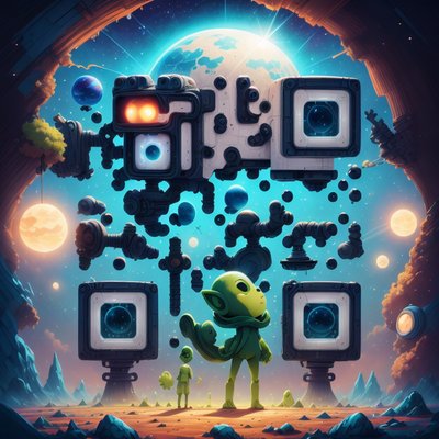 Green Alien and Satellite Painting QR Code for Posters