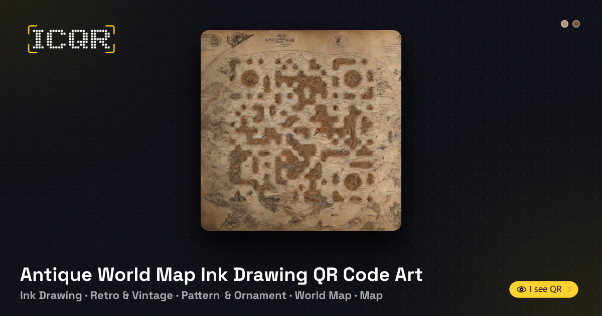 Word Map Theme Antique World Map Ink Drawing QR Code Art • ICQR